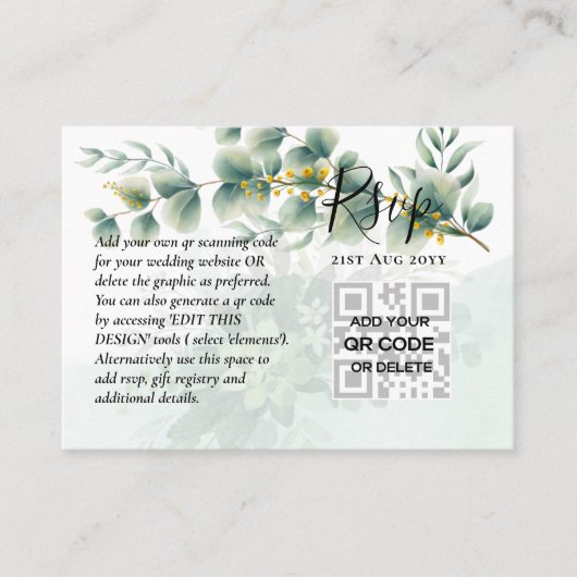 100 QR CODE WEDDING RSVP Greenery PHOTO Enclosure Visitekaartje (Voorkant)