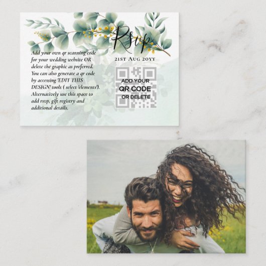 100 QR CODE WEDDING RSVP Greenery PHOTO Enclosure Visitekaartje (Voorkant / Achterkant)