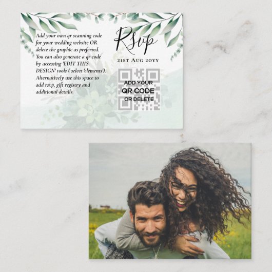 100 QR CODE WEDDING RSVP Greenery PHOTO Enclosure Visitekaartje (Voorkant / Achterkant)