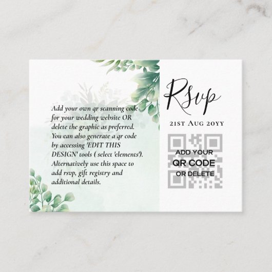 100 QR CODE WEDDING RSVP Greenery PHOTO Enclosure Visitekaartje (Voorkant)