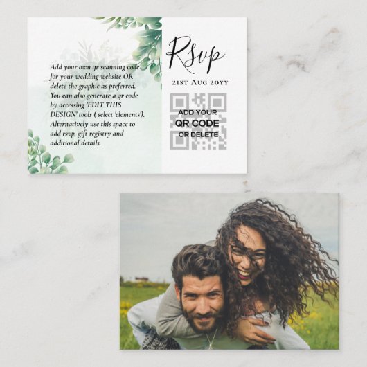 100 QR CODE WEDDING RSVP Greenery PHOTO Enclosure Visitekaartje (Voorkant / Achterkant)