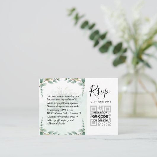 100 QR CODE WEDDING RSVP Greenery PHOTO Enclosure Visitekaartje (Staand voorkant)