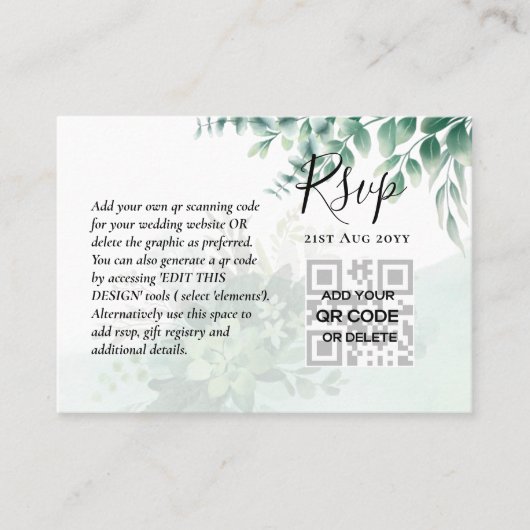 100 QR CODE WEDDING RSVP Greenery PHOTO Enclosure Visitekaartje (Voorkant)