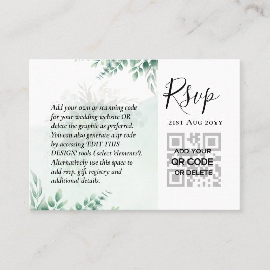 100 QR CODE WEDDING RSVP Greenery PHOTO Enclosure Visitekaartje (Voorkant)