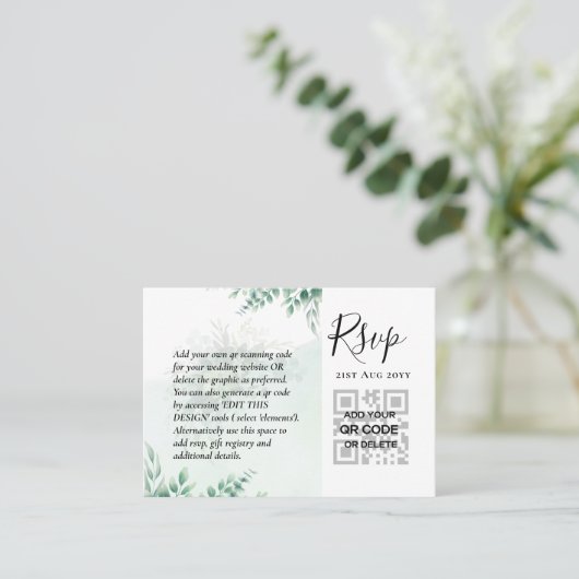 100 QR CODE WEDDING RSVP Greenery PHOTO Enclosure Visitekaartje (Staand voorkant)