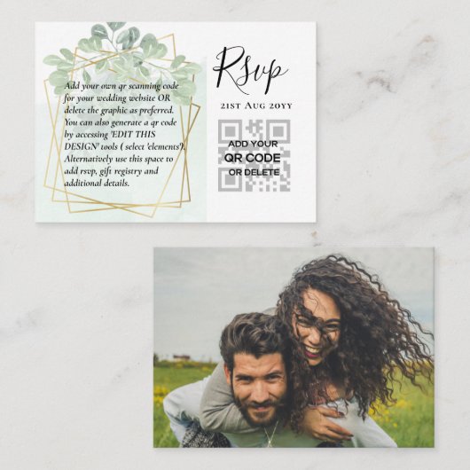 100 QR CODE WEDDING RSVP Greenery PHOTO Enclosure Visitekaartje (Voorkant / Achterkant)