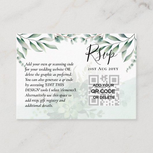 100 QR CODE WEDDING RSVP Greenery PHOTO Enclosure Visitekaartje (Voorkant)