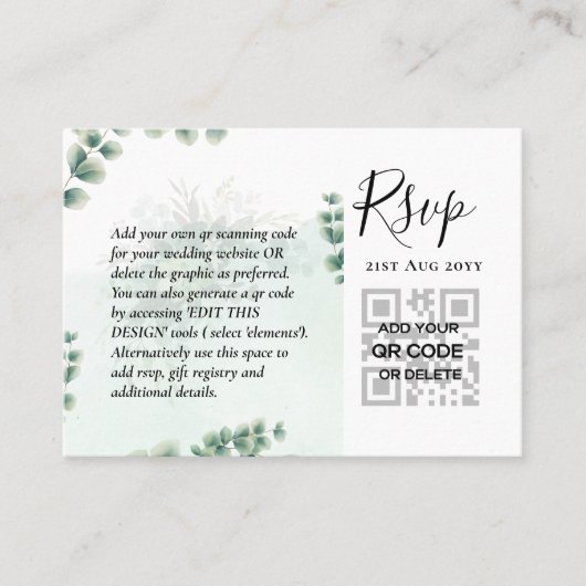 100 QR CODE WEDDING RSVP Greenery PHOTO Enclosure Visitekaartje (Voorkant)