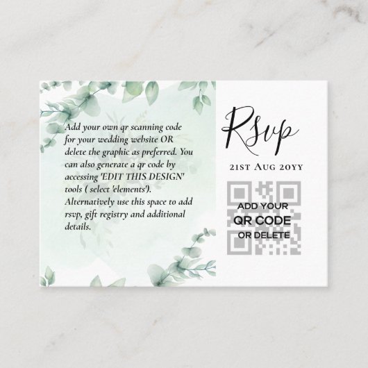 100 QR CODE WEDDING RSVP Greenery PHOTO Enclosure Visitekaartje (Voorkant)