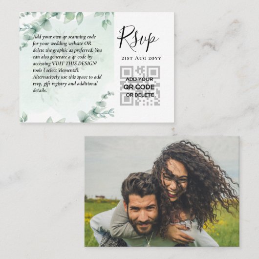 100 QR CODE WEDDING RSVP Greenery PHOTO Enclosure Visitekaartje (Voorkant / Achterkant)