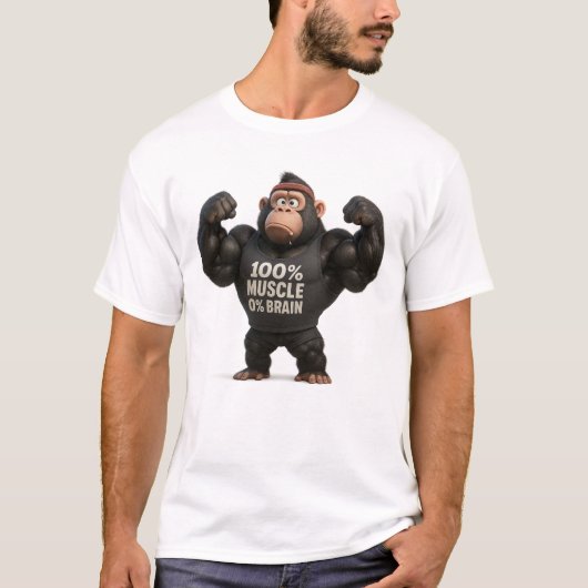 100% Spier 0% Hersenen – Grappige Cartoon Gorilla  T-shirt (Voorkant)