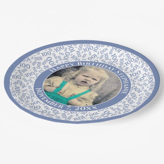 100 Uw foto Willekeurige Nummer Patroon Blauw/Wit Papieren Bordje (Gekanteld)