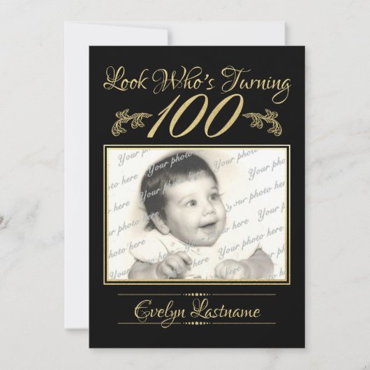 100 Verjaardag Elegante Foto Goud en Zwart Kaart (Voorkant)