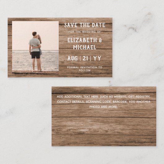 100 x BUDGET Foto Save the Date RUSTIC Houten Trou Visitekaartje (Voorkant / Achterkant)