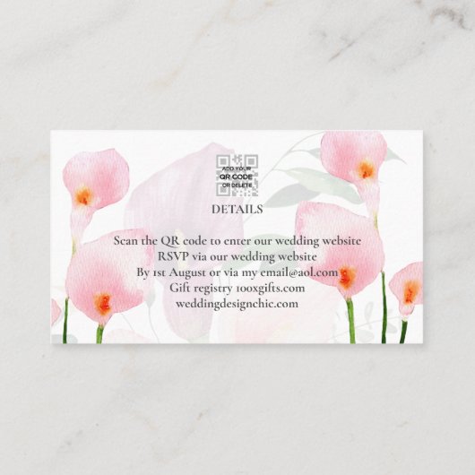 100 x MINI Calla Lelie Trouw Datum Bewaar QR Code Visitekaartje (Achterkant)