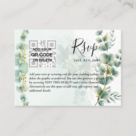 100 x QR CODE WEDDING RSVP Eucalyptus FOTO Budget Visitekaartje (Voorkant)