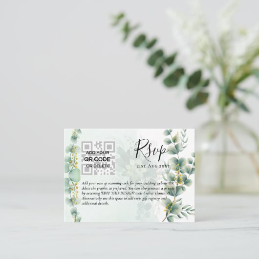 100 x QR CODE WEDDING RSVP Eucalyptus FOTO Budget Visitekaartje (Staand voorkant)