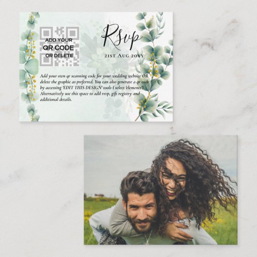 100 x QR CODE WEDDING RSVP Eucalyptus FOTO Budget Visitekaartje (Voorkant / Achterkant)