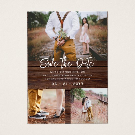 100 x RUSTISCH Save The Dates - FOTO COLLAGE Visitekaartje (Voorkant)