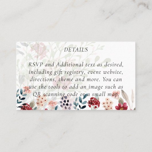 100 x Stofblauw bruine bloemige trouwdetails Visitekaartje (Achterkant)