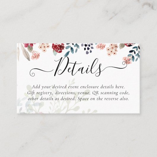 100 x Stofblauw bruine bloemige trouwdetails Visitekaartje (Voorkant)