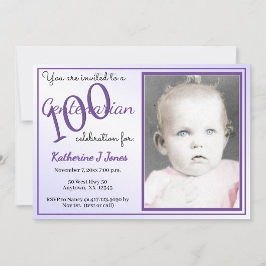100 Yrs Centenarian Verjaardagsfeestje Paarse/wit Kaart (Voorkant)