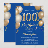 100e Birthday Blue en Gold Balloons Confetti Kaart (Voorkant / Achterkant)
