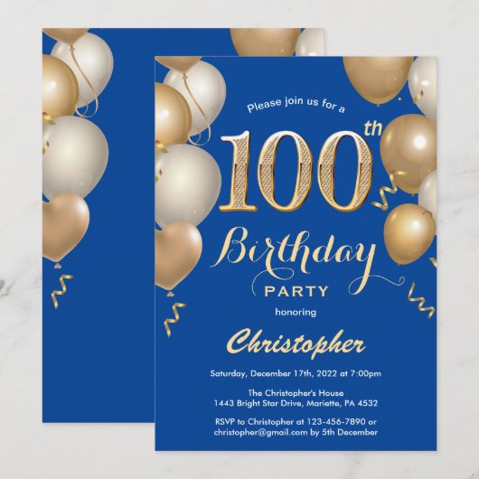 100e Birthday Blue en Gold Balloons Confetti Kaart (Voorkant / Achterkant)