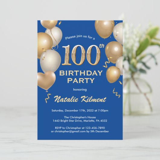100e Birthday Blue en Gold Glitter Balloons Kaart (Staand voorkant)