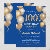 100e Birthday Blue en Gold Glitter Balloons Kaart (Voorkant / Achterkant)