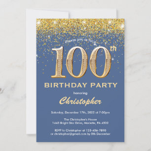 100e Birthday Blue en Gold Glitter Confetti Kaart