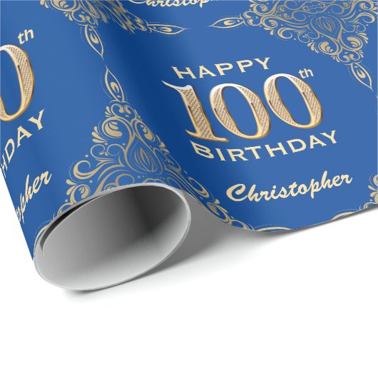 100e Birthday Blue en Gold Glitter Lijst Cadeaupapier (Rol Hoek)