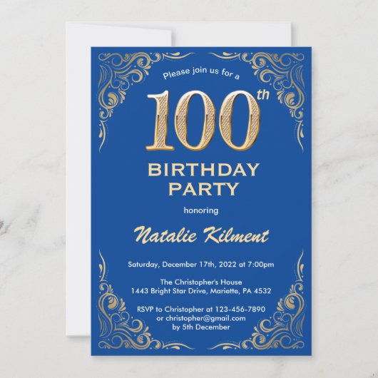 100e Birthday Blue en Gold Glitter Lijst Kaart (Voorkant)