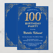 100e Birthday Blue en Gold Glitter Lijst Kaart (Voorkant / Achterkant)