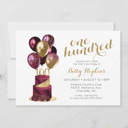 100e Birthday Burgundy Cake Kaart (Voorkant)