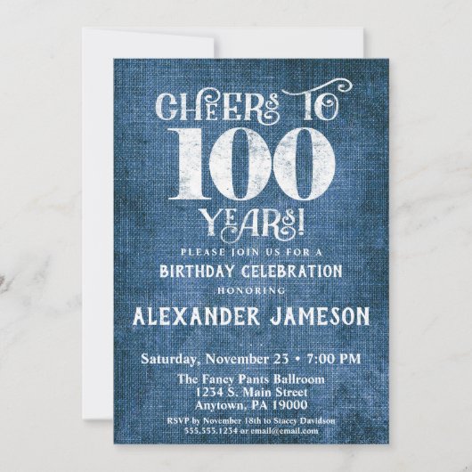 100e Birthday Invitation Blue Linen Rustic Cheers Kaart (Voorkant)