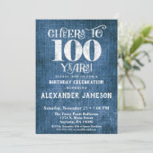 100e Birthday Invitation Blue Linen Rustic Cheers Kaart (Staand voorkant)