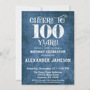 100e Birthday Invitation Blue Linen Rustic Cheers Kaart
