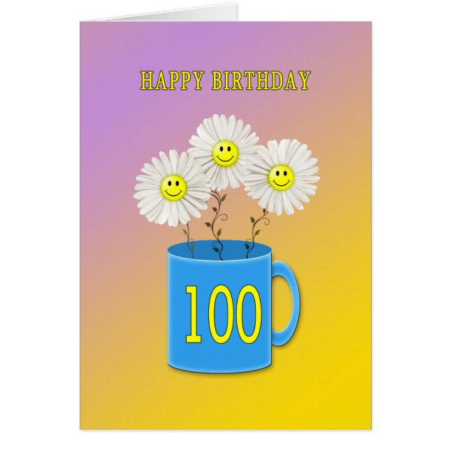 100e Birthday-kaart met fijne glimlachende bloemen (Voorkant)
