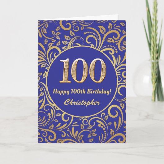 100e Birthday Navy Blue en Gold Floral Pattern Kaart (Voorkant)