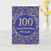 100e Birthday Navy Blue en Gold Floral Pattern Kaart (Gele Bloem)