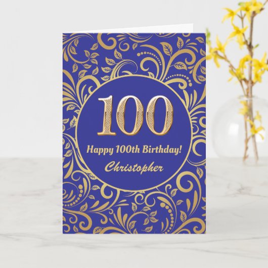100e Birthday Navy Blue en Gold Floral Pattern Kaart (Gele Bloem)