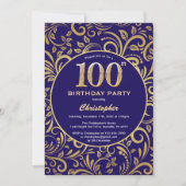 100e Birthday Navy Blue en Gold Floral Pattern Kaart (Voorkant)