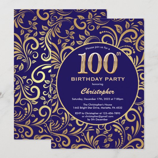 100e Birthday Navy Blue en Gold Floral Pattern Kaart (Voorkant / Achterkant)