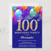100e Birthday Navy Blue en goudkleurige ballon Kaart (Voorkant)
