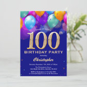 100e Birthday Navy Blue en goudkleurige ballon Kaart (Staand voorkant)