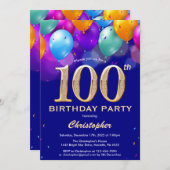 100e Birthday Navy Blue en goudkleurige ballon Kaart (Voorkant / Achterkant)