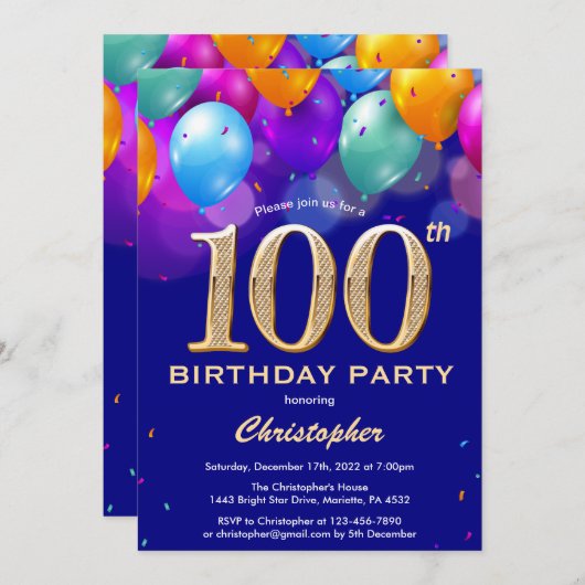 100e Birthday Navy Blue en goudkleurige ballon Kaart (Voorkant / Achterkant)