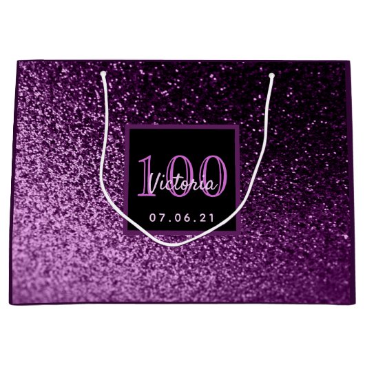 100e Birthday paarse roze glitter name Groot Cadeauzakje (Voorkant)