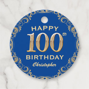100e Birthday Party Blue en Gold Glitter Lijst Bedankjes Labels